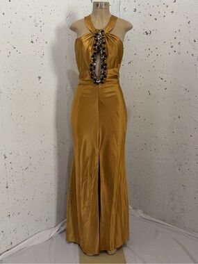 Gold Beaded Halter Evening Gown - Elegant Wedding Dress